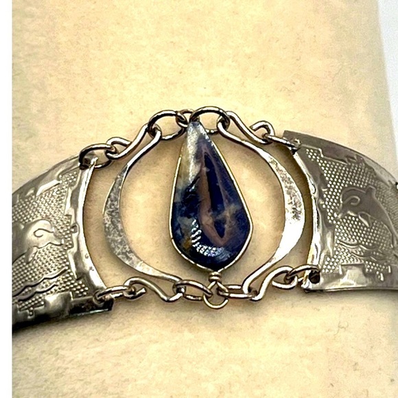 Vintage Mexican Alpaca Silver Bracelet With Genuine Lapis Drop Pendant - Picture 5 of 7